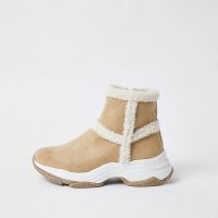 RIVER ISLAND Beige faux fur exposed seam boots ~ cute fluffy trimmed ankle boot