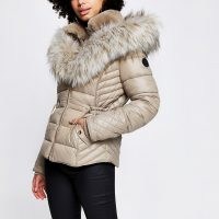 RIVER ISLAND Beige faux fur padded coat ~ hooded winter jackets ~ fitted coats