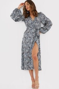 BILLIE FAIERS BLUE PAISLEY PRINT BALLOON SLEEVE MIDI DRESS ~ printed celebrity inspired evening dresses