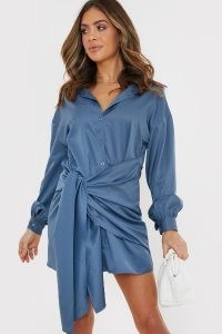 BILLIE FAIERS DUSKY BLUE DRAPE DETAIL SHIRT DRESS ~ celebrity inspired going out dresses