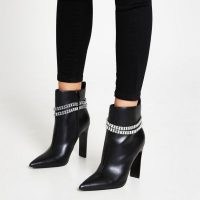 RIVER ISLAND Black chain high heel boots ~ skinny block heels