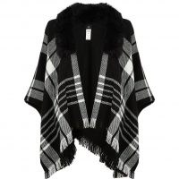 RIVER ISLAND Black check cape faux fur collar jacket – casual winter jackets – modern capes