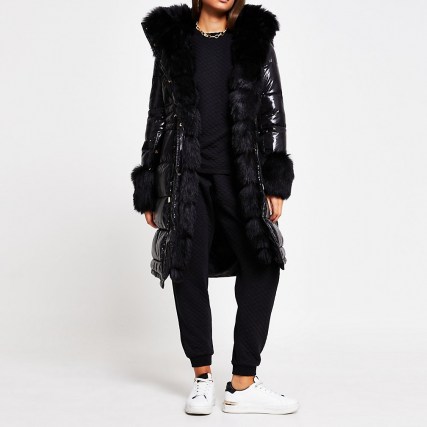 RIVER ISLAND Black faux fur cuff padded parka coat / high shine winter coats / glossy parkas