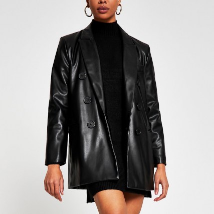 RIVER ISLAND Black faux leather double breasted blazer ~ longline blazers