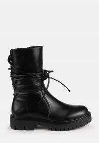 MISSGUIDED black faux leather wrap ankle boots – wrap around detail chunky tread boot