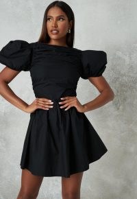 MISSGUIDED black poplin ruched puff sleeve skater dress ~lbd ~ volume sleeve fit and flare ~ party dresses