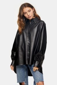 Topshop Black PU Oversized Shirt – faux leather dip hem shirts