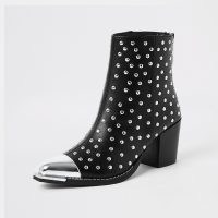 RIVER ISLAND Black PU studded western boots ~ stud embellished block heel boot