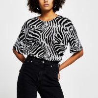 RIVER ISLAND Black short sleeve zebra print sequin t-shirt / monochrome sequinned tops