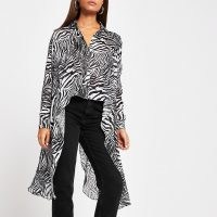 RIVER ISLAND Black zebra frill asymmetric sheer shirt / longline zebra print shirts