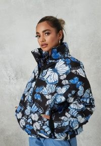 MISSGUIDED blue butterfly print puffer coat ~ casual winter coats ~ butterflies