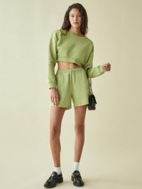 REFORMATION Boyfriend Knit Short – avocado green drawsting waist shorts