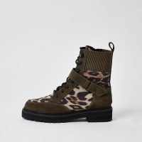 RIVER ISLAND Brown leopard print chunky biker boots