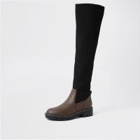 RIVER ISLAND Brown RI monogram knitted high leg boots