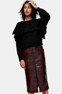 TOPSHOP Burgundy PU Crocodile Print Midi Pencil Skirt / croc effect skirts / winter colours