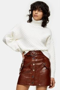 TOPSHOP Chocolate Brown PU Crocodile Button Through Mini Skirt / retro croc effect skirts