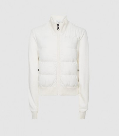 REISS ELLIS HYBRID JERSEY PUFFER JACKET WHITE ~ casual zipper jackets ~ weekend outerwear