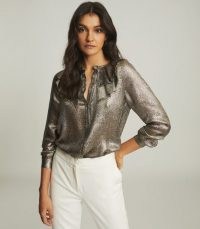 Reiss EMMIE METALLIC RUFFLE BLOUSE GOLD ~ luxe style party blouses