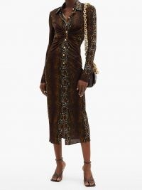 VERSACE Gathered snake-print jersey midi dress / reptile prints / front gathered dresses