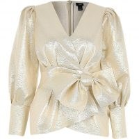 RIVER ISLAND Gold long sleeve bow peplum top ~ party tops ~ evening glamour ~ metallic blouses