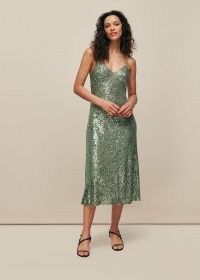 WHISTLES DAGMA SEQUIN SLIP DRESS GREEN ~ glittering cami dresses ~ party glamour