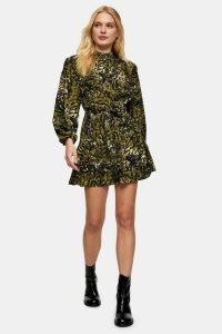 TOPSHOP Green Leopard Print Frill Shirt Dress