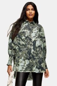 TOPSHOP Green Print Shirred Oversized Shirt ~ printed shirts ~ hi low hem