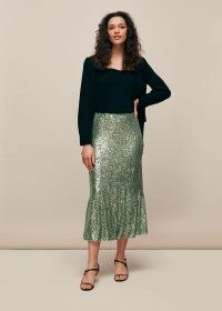 WHISTLES SUKI SEQUIN SKIRT ~ green sequinned midi skirts ~ sparkling party fashion