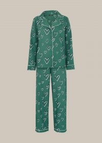 WHISTLES HEART PRINT COTTON PYJAMA SET ~ green printed pyjamas ~ hearts ~ nightwear