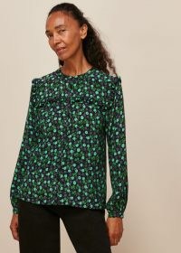 WHISTLES WINTER DITSY PRINTED TOP GREEN MULTI / feminine floral frill trimmed tops