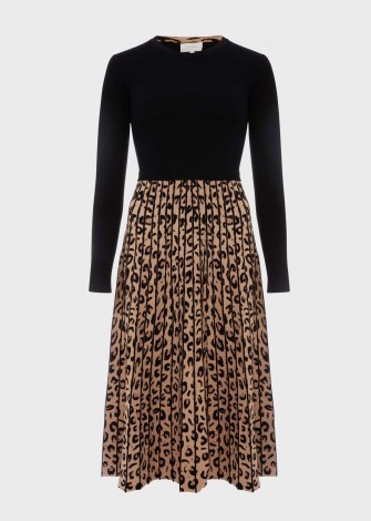 HOBBS HARLIE KNITTED DRESS – pleated winter dresses – black and camel – neutral clothing