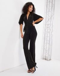 John Zack Tall glitter wrap detail wide leg jumpsuit in gold glitter ~ glittering jumpsuits ~ party fashion