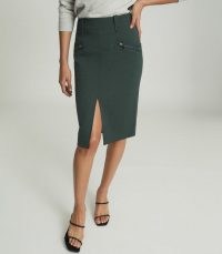 Reiss KASSIDY PENCIL SKIRT WITH ZIP DETAIL GREEN ~ smart front slit skirts