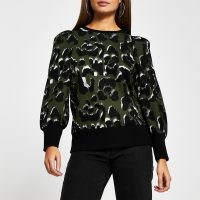 RIVER ISLAND Khaki leopard print sweatshirt | green animal print puff sleeve sweatshirts