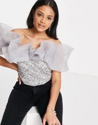 Lace & Beads exclusive off shoulder sequin crop top with volume neckline in winter grey ~ bardot party tops ~ glamorous evening fashion