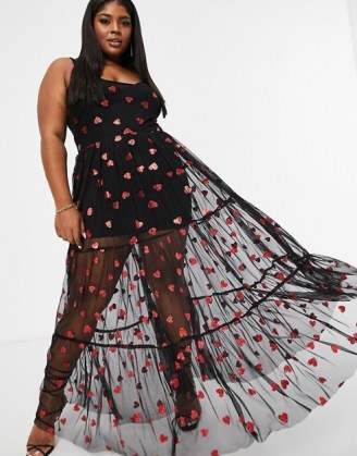 Lace & Beads Plus exclusive sheer tulle overlay dress in metallic heart  print