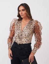 FOREVER UNIQUE Leopard Print Sequined Organza Bodysuit / sheer sleeve evening fashion / sequinned bodysuits