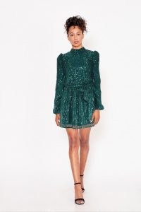 LITTLE MISTRESS ARINA EMERALD SEQUIN HIGH-NECK MINI DRESS ~ green sequinned party dresses