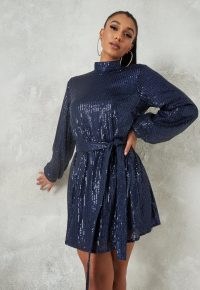 MISSGUIDED navy sequin high neck balloon sleeve mini dress ~ sparkling blue party dresses