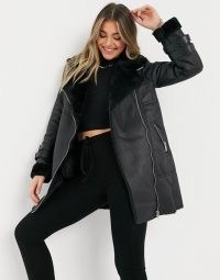 New Look longline aviator jacket in black ~ faux fur / leather winter coats