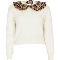 RIVER ISLAND Petite cream leopard print collar jumper / collared jumpers