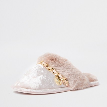 RIVER ISLAND Pink velvet chain trim slippers ~ fluffy metail detail slipper