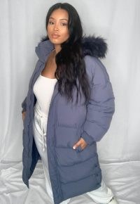 MISSGUIDED plus size blue faux fur hooded longline puffer coat ~ cool casual style ~ winter coats