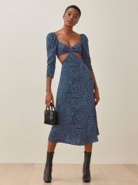 REFORMATION Rayne Dress / blue animal print cut out dresses