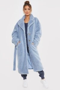 SAFFRON BARKER DUSTY BLUE BORG LONGLINE BELTED COAT ~ celebrity inspired winter coats ~ faux fur outerwear