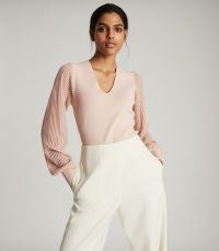 REISS SAVANNAH V-NECK KNITTED TOP BLUSH ~ luxe sheer sleeve tops