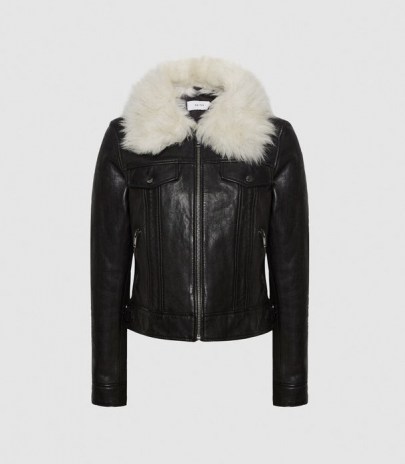 REISS SHELLIE LEATHER JACKET WITH SHEARING COLLAR BLACK ~ casual luxe jackets