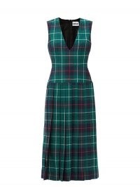 DUNCAN The Vogelson V-neck pleated tartan wool dress in green ~ sleeveless plaid dresses