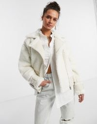 Topshop faux shearling biker jacket in off white ~ textured winter jackets ~ luxe style outerwear