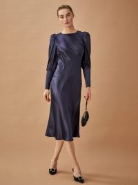 Reformation Virgo Dress | navy blue silk dresses | puff sleeve fashion